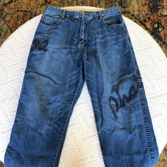 VTG Y2K 90s Phat Farm Baggy Blue Jeans 40 / 33 Wide Leg Logo Skater Hip Hop - Picture 1 of 14